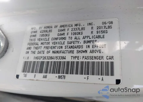 2008 Honda Accord 2.4 Lx из США, поврежденный, VIN 1HGCP26328A153394